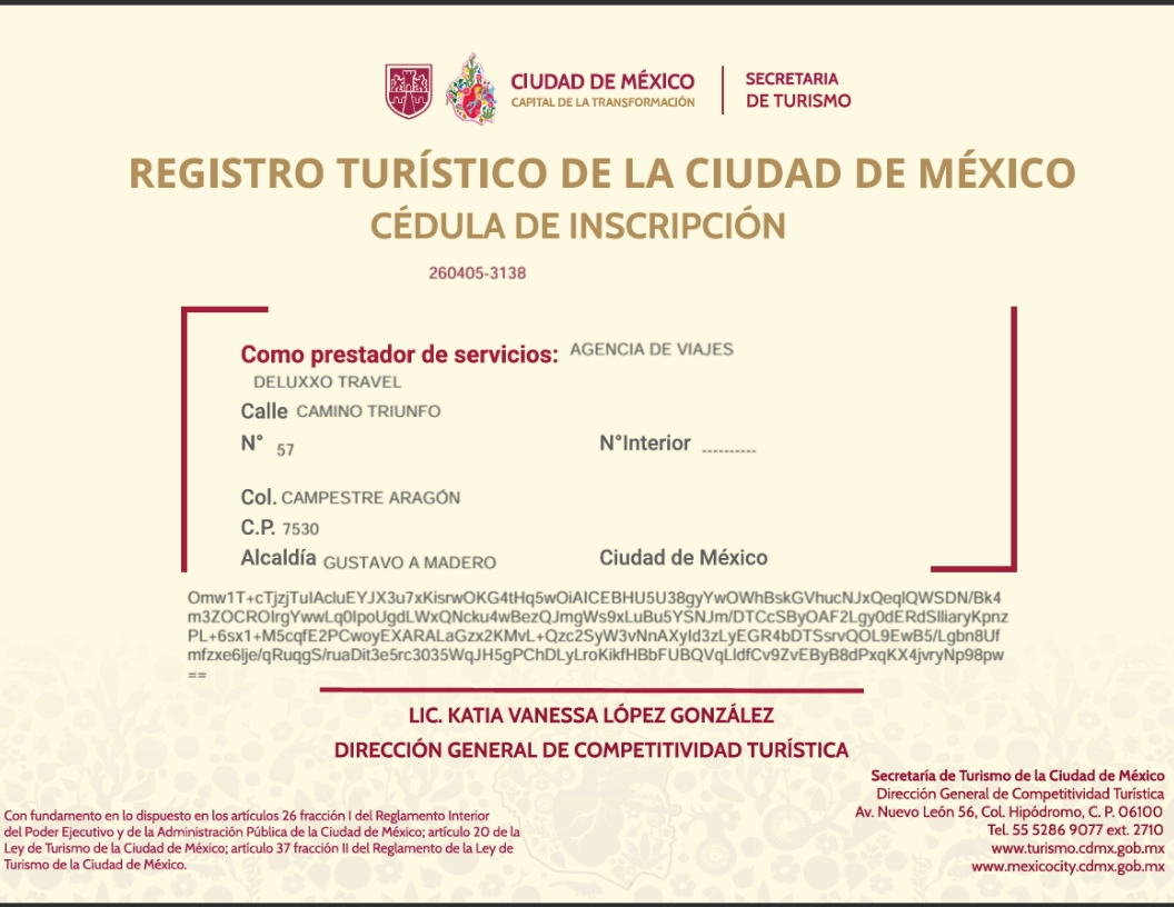 Registro Turístico de la Ciudad de México vigente de Deluxxo Travel